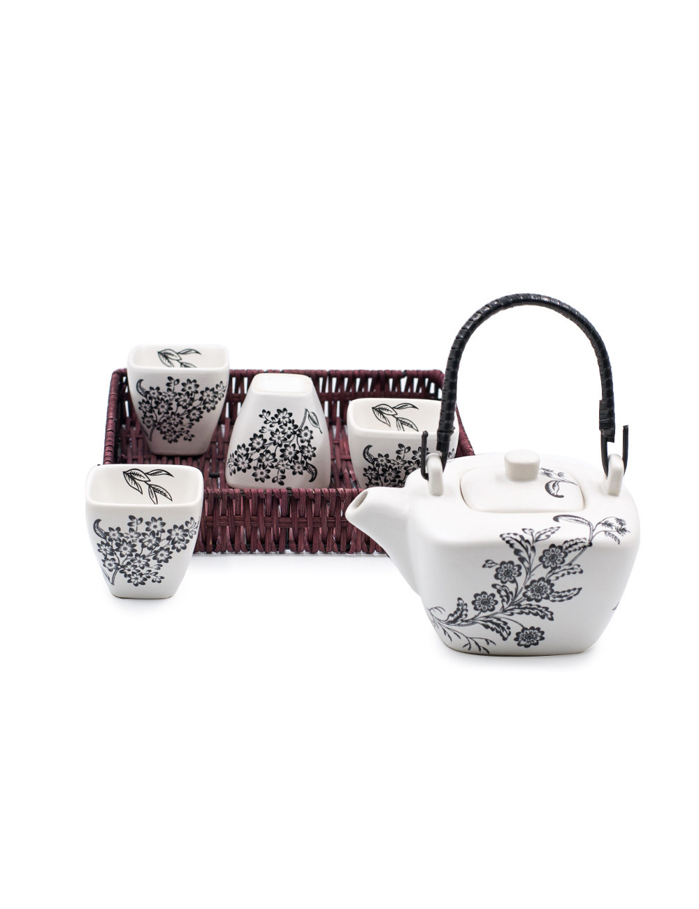 Set da tè Yukiko in ceramica bianco satinato con disegni floreali neri da 400 ml - La Pianta del Tè Shop online