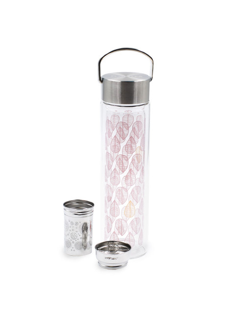 Thermos infusore in vetro con foglie stilizzate rosa Autunno - La Pianta del Tè shop online