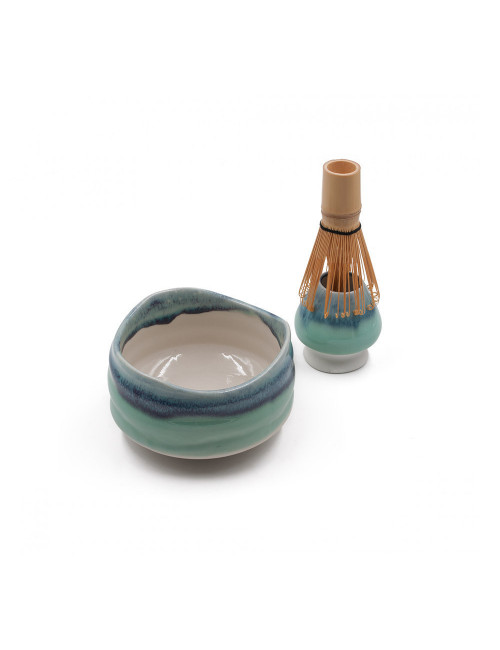 Set per matcha Wabi-sabi ceramica raku: ciotola chawan, frullino in bamboo chasen e portafrullino - La Pianta del Tè shop online