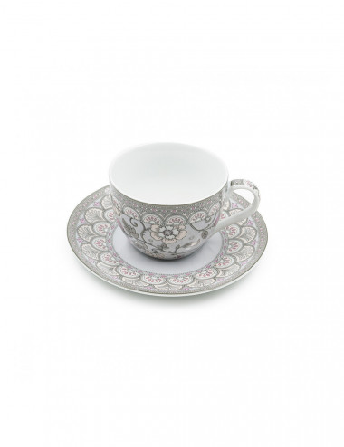 Tazza Flowers  in porcellana con decorazioni floreali grige e rosa stile inglese - La Pianta del Tè shop on line