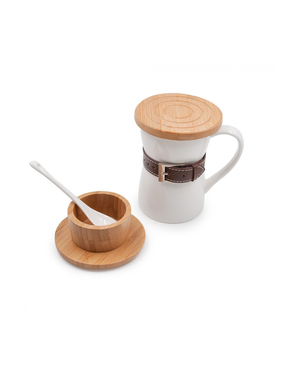 Mug Belt in porcellana con cinturino in cuoio e coperchio in bambù - La Pianta del Tè shop online Mug Belt in porcellana con cinturino in cuoio e coperchio in bambù - La Pianta del Tè shop online