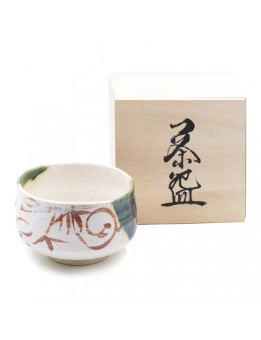 Chawan artigianale in ceramica giapponese scatola in legno con ideogrammi - La Pianta del Tè acquista online