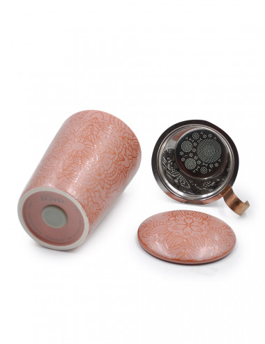 Tisaniera 350 ml in porcellana rosa antico con motivo mandala di color rame - La Pianta del Tè vendita on line
