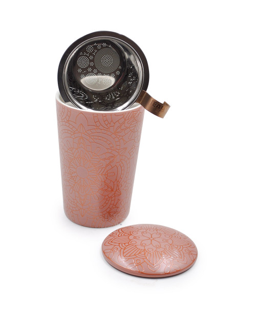 Tisaniera Super Mug da 350 ml doppia camera in porcellana rosa con motivo mandala rame - La Pianta del Tè acquista online