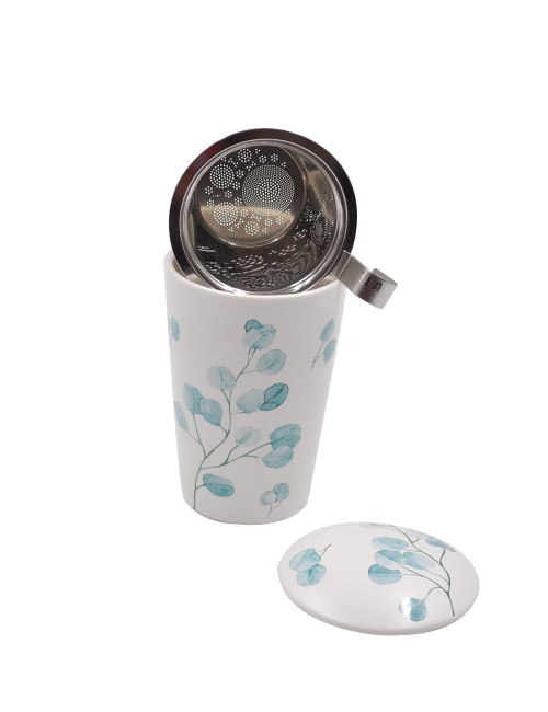 Grande tisaniera in porcellana doppia camera bianca satinata con foglie celesti da 350 ml - La Pianta del Tè shop online