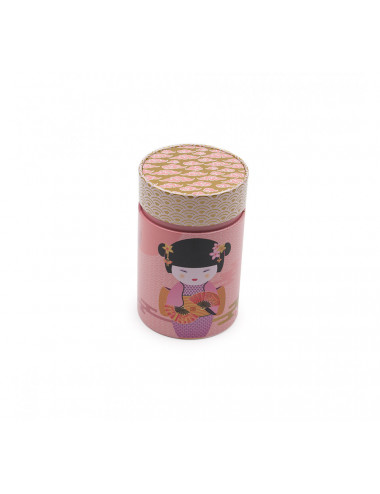 Scatola rotonda da tè in latta con piccola geisha su fondo rosa - La Pianta del Tè acquista online
