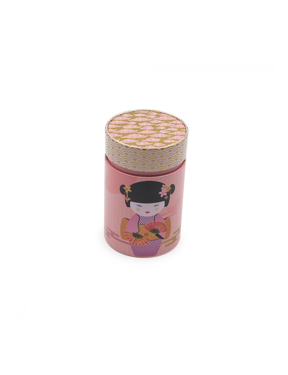Scatola rotonda da tè in latta con piccola geisha su fondo rosa - La Pianta del Tè acquista online