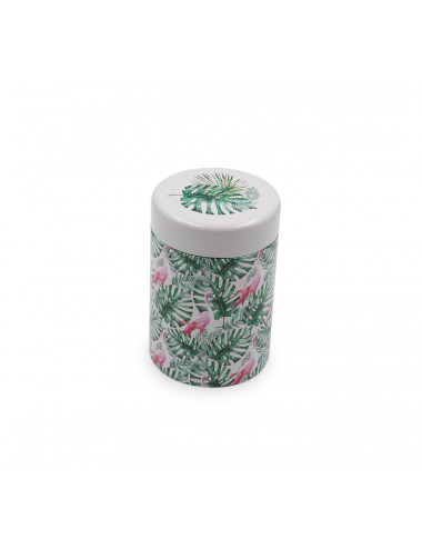 Barattolo porta tè in metallo da 125 gr con motivo a grandi foglie e fenicotteri rosa - La Pianta del Tè acquista online