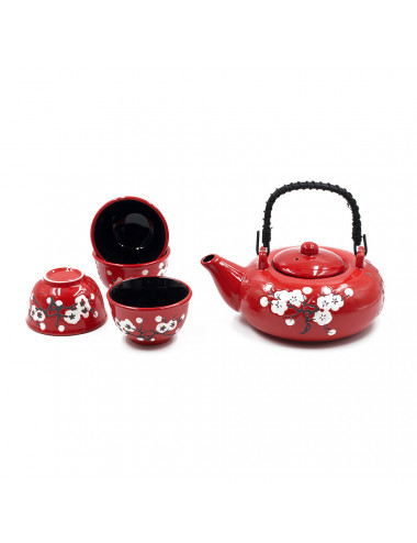 Set da tè rosso fiori bianchi da 600 ml con manico in bamboo nero - La Pianta del Tè Shop online