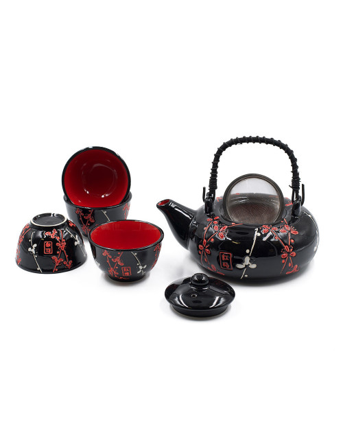 Set da tè Maje in ceramica nero con fiori di ciliegio bianchi e rossi da 600 ml - La Pianta del Tè Shop online