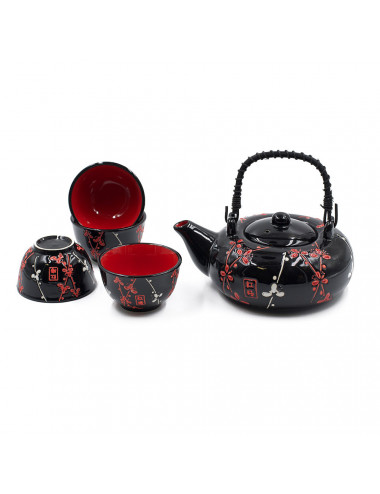Set da tè Maje in ceramica nero con fiori di ciliegio bianchi e rossi da 600 ml - La Pianta del Tè Shop online