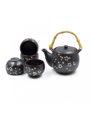 Set da tè Loto in ceramica nero satinato con fiori di ciliegio bianchi da 700 ml - La Pianta del Tè Shop online
