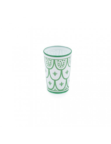 Bicchiere di vetro marocchino decorato in verde su fondo bianco - La Pianta del Tè shop online