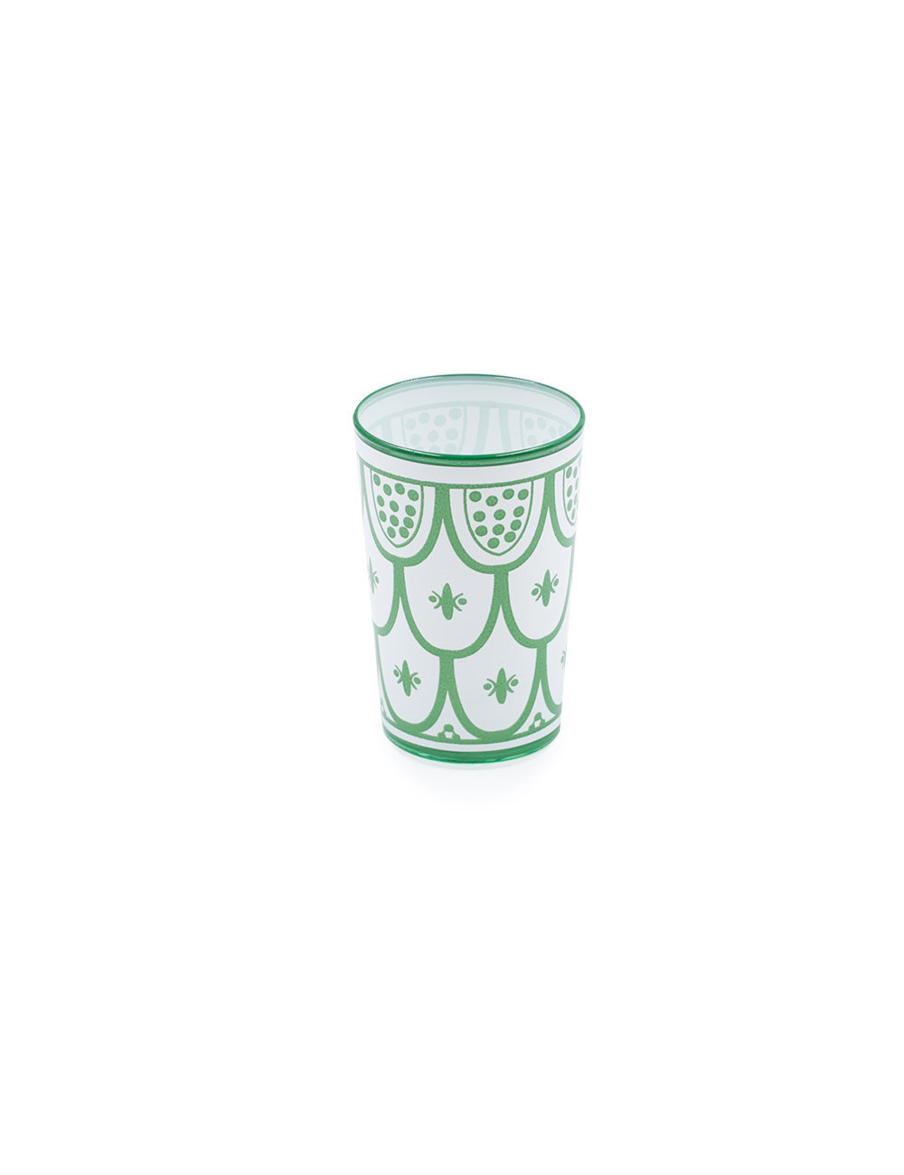 Bicchiere di vetro marocchino decorato in verde su fondo bianco - La Pianta del Tè shop online