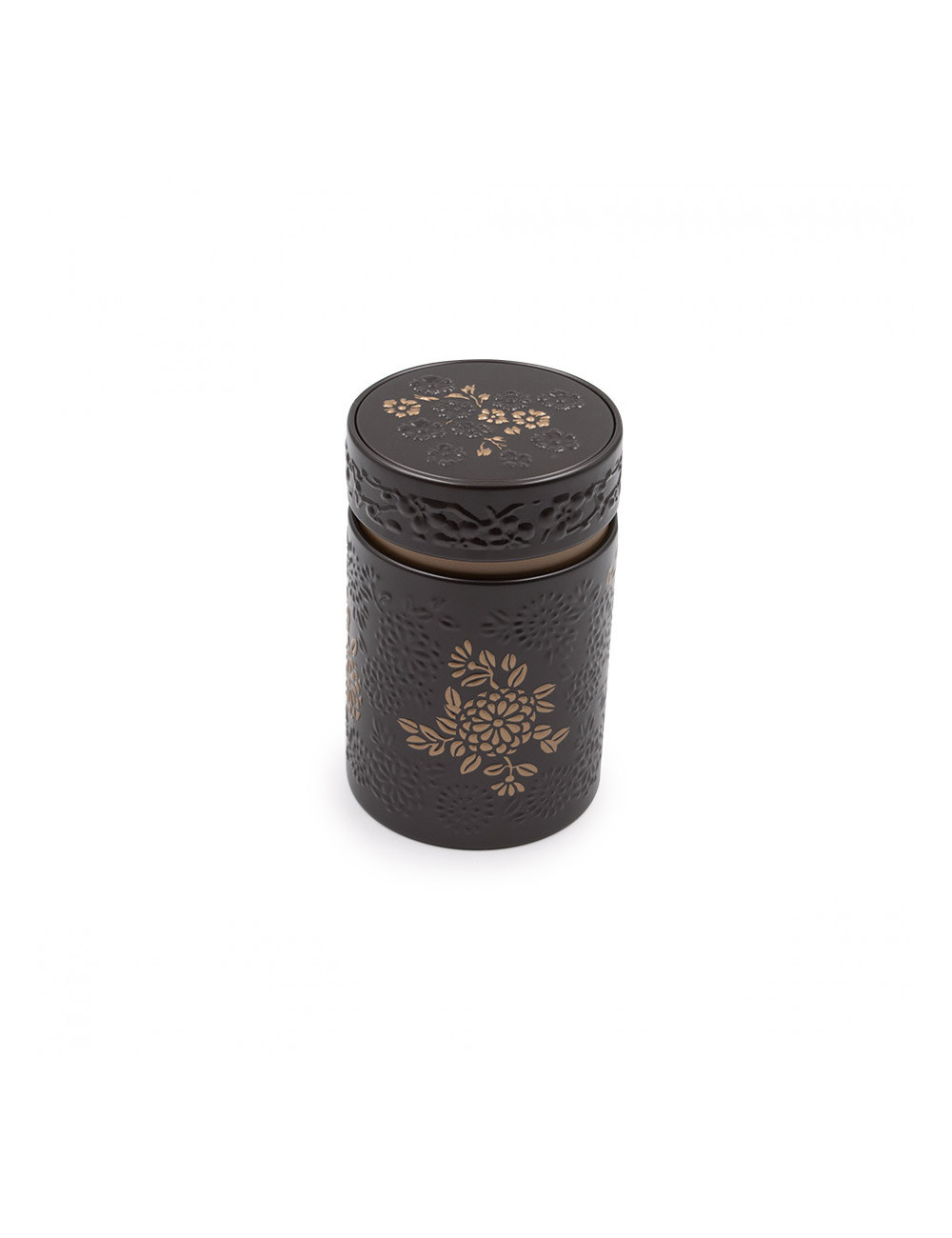 Bellissimo barattolo porta tè marrone scuro opaco con fiori a rilievo - La Pianta del Tè Vendita online