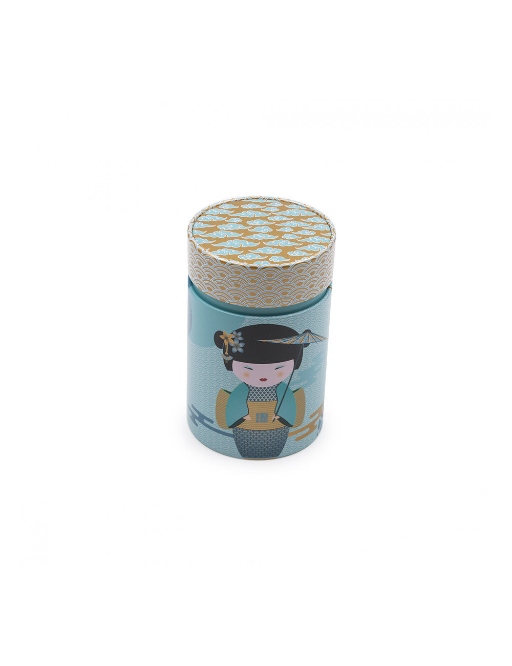 Scatola rotonda da tè in latta con piccola geisha su fondo celeste - La Pianta del Tè acquista online